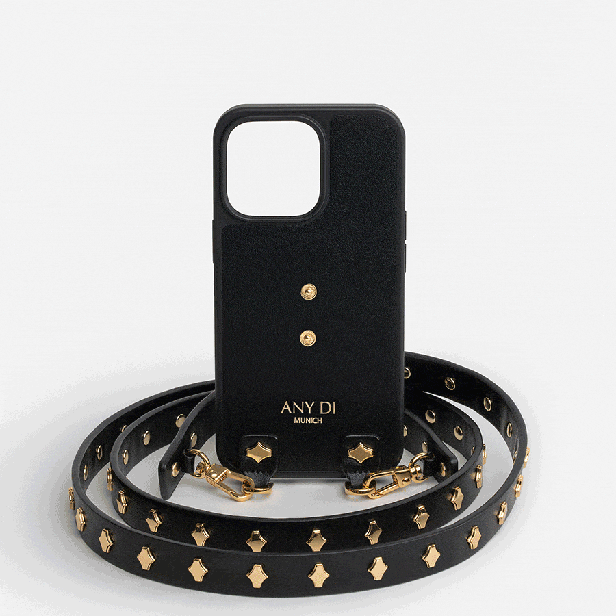 Designer cell phone chain with rivets - strap and phone case set in black
